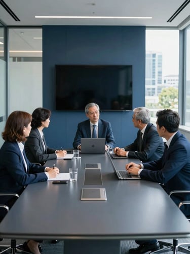 Professional business meeting in a modern corporate boardroom in Frankfurt, bright natural daylight, clean corporate aesthetic, deep blue and slate tones, 35mm lens