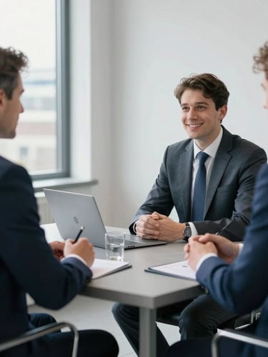 Professional editorial photography of a bilateral business meeting in Frankfurt, bright natural daylight, clean corporate environment, slate gray tones, 35mm lens