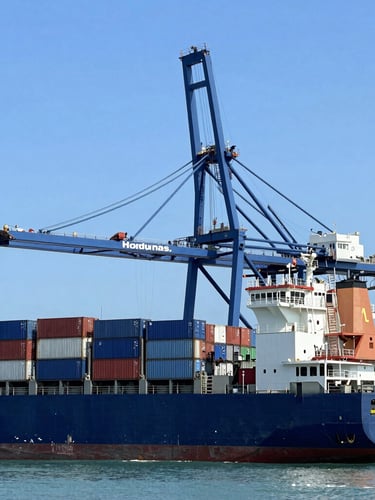 Modern industrial shipping port in Honduras with container ships, bright clear daylight, deep blue and slate tones, professional editorial photography, 35mm lens