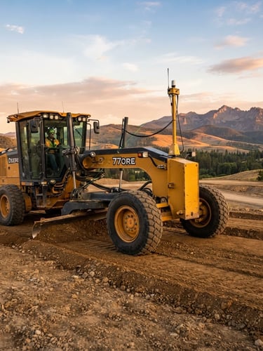 Low-angle heroic shot of a laser-guided grader precisely leveling Idaho soil at golden hour, dust-free, sharp focus.