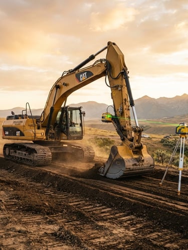 Low-angle heroic shot of a large excavator precisely grading Idaho soil at golden hour, laser level visible, clean lines, sharp focus, 35mm lens, expansive sky.