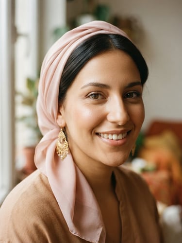 Close-up of a young Algerian woman smiling, wearing elegant gold earrings and a soft blush hair scarf, warm natural window light, 35mm film style