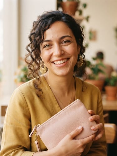 Close-up of a young Algerian woman smiling, wearing elegant gold earrings and holding a soft blush pink pouch, warm natural window light, shallow depth of field