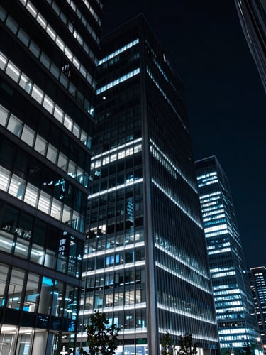 Wide-angle architectural shot of a modern financial district at night, clean lines, high contrast, cool-toned ambient light, deep navy and neon-cyan accents.