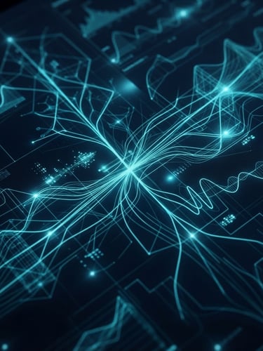 Macro close-up of a high-end financial terminal interface displaying abstract data flows, neon-cyan lines highlighting structural patterns, low-key moody lighting, deep navy background.