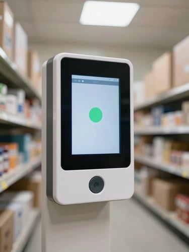 Wide shot of a wall-mounted facial recognition time clock in a retail stockroom, close-up of the device screen showing a green confirmation pulse, overhead fluorescent shop lighting, shelves of product boxes softly out of focus in background
