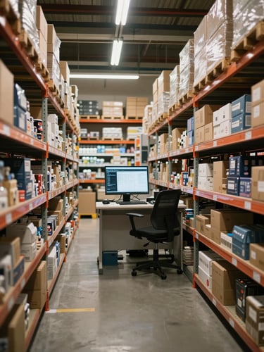 Wide shot of a supermarket stockroom back office, shelves with inventory boxes, a monitor showing a management dashboard on a desk, overhead fluorescent lighting, no people