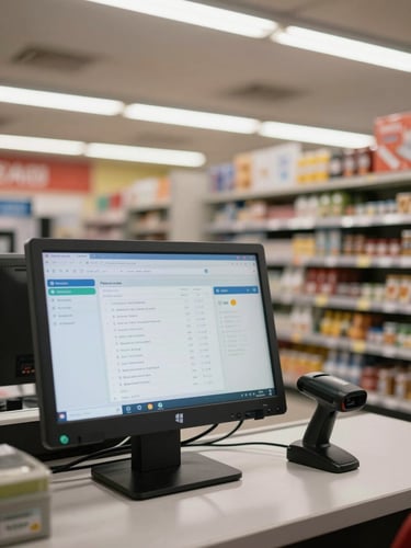 Wide shot of a retail checkout counter under overhead shop lighting, a Windows desktop monitor in the foreground displaying a point-of-sale software interface with product list and totals, barcode scanner on the counter to the right, shelves of goods visible in the background, no people, no branding