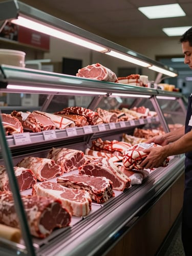 Wide shot of a butcher counter with cuts of meat arranged under glass display, price tags visible, a shop attendant's hands placing a package on the counter, overhead refrigerated case lighting in a real açougue