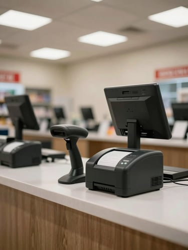 Wide shot of a retail checkout counter interior, barcode scanner and receipt printer on the counter surface, neutral overhead shop lighting, no people, clean and organized