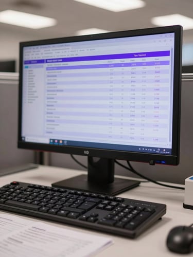 Close-up of a retail back-office desk, monitor displaying a dashboard with inventory and sales data in purple and blue tones, keyboard and printed reports visible, overhead office lighting, no people in frame