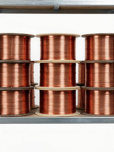 Straight-on industrial product photography of heavy-duty copper wire spools neatly stacked on steel warehouse shelves, bright clean studio lighting