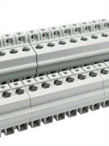 Bright industrial photography of organized modular switches and sockets aligned neatly on a high-contrast background, sharp focus.