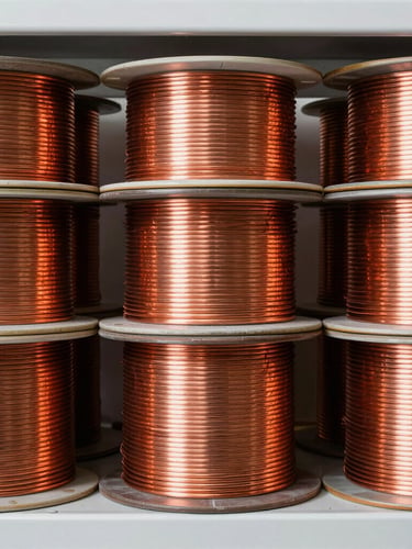 Straight-on industrial product photography of neatly stacked heavy-gauge copper wire spools on metal warehouse shelves, bright crisp lighting