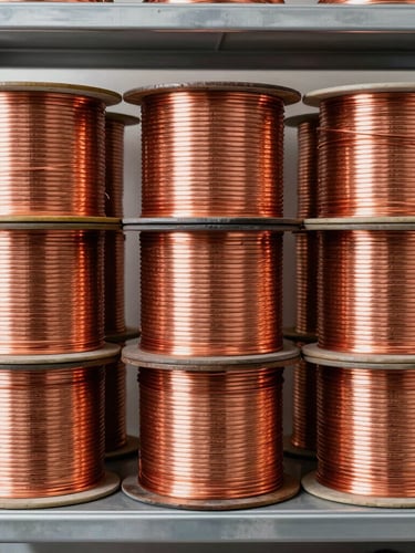 Straight-on bright industrial product photography of neatly stacked heavy-gauge copper wire spools on metal warehouse shelving, clean studio lighting, high-contrast neutral tones