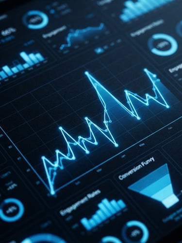 Macro close-up of a digital marketing dashboard with real-time analytics graphs, glowing blue accents, crisp tech photography, cool studio lighting, 35mm lens