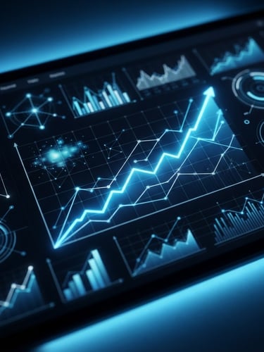 Macro close-up of a digital marketing analytics dashboard showing real-time revenue growth charts, cool studio lighting with electric blue ambient backlighting, sharp focus, 35mm lens