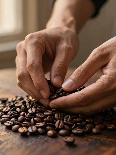 Portrait shot of hands carefully sorting roasted coffee beans on a dark wooden surface, warm soft golden-hour light, rich dark tones, shallow depth of field, focus on the hands and beans.