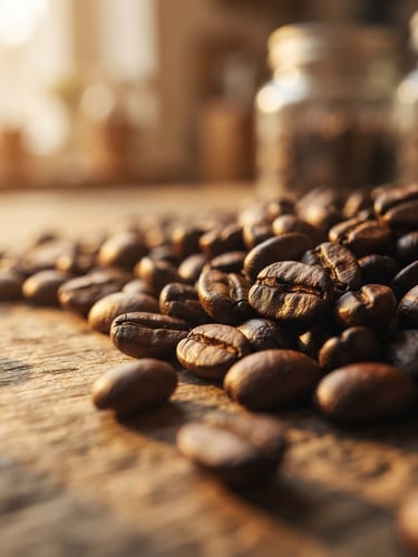 Close-up of freshly roasted coffee beans, rich dark tones with golden highlights, soft golden-hour window light, shallow depth of field, panoramic 21:9 frame, negative space to the left.