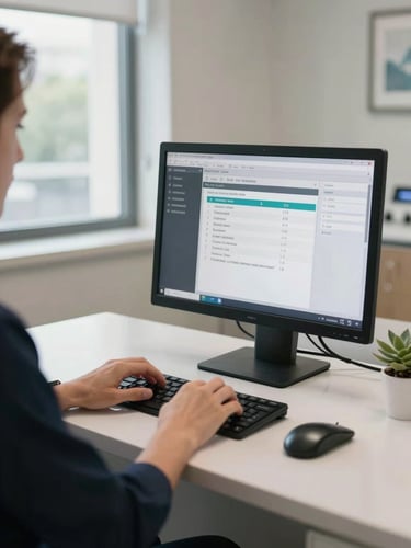 Wide environmental shot of a dental clinic reception workstation, close view of hands navigating scheduling software on a desktop monitor, natural daylight from a side window, real clinic setting, no people looking at camera