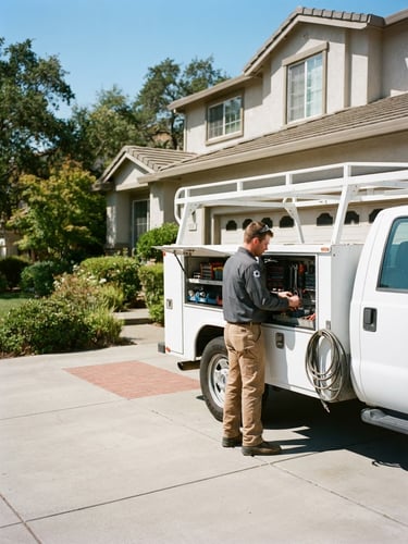 Clean service truck parked on a Danville driveway, technician in uniform, bright natural daylight, crisp documentary photography, 35mm