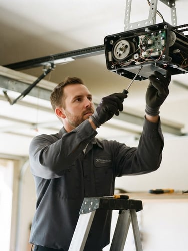 Technician in a clean uniform working on a garage door opener mechanism, bright natural daylight, crisp focus on the tools and hands, 35mm
