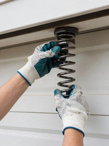 Close-up of a technician's hands adjusting a garage door spring, clean work gloves, natural outdoor daylight, sharp focus on the spring and tools, 35mm