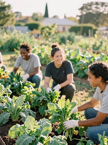 A warm, bright photo of diverse volunteers laughing while harvesting fresh heirloom vegetables in a sun-dappled community garden, 35mm