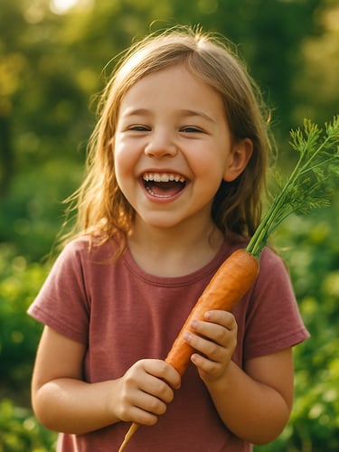 Bright natural photography of a young girl laughing while holding a freshly harvested carrot, warm golden-hour sunlight, vibrant green background, 35mm