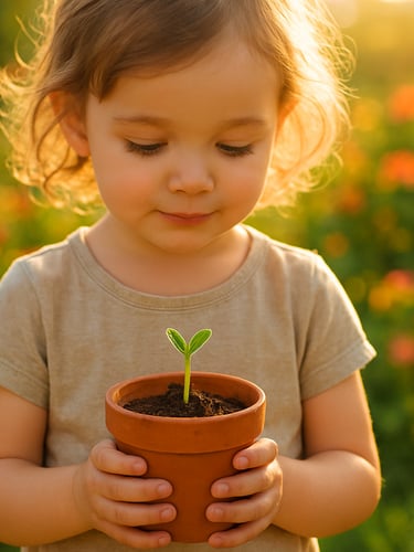 Bright natural photography of a young child holding a small terracotta pot with a fresh green sprout under warm golden-hour sunlight, vibrant garden colors, soft depth of field
