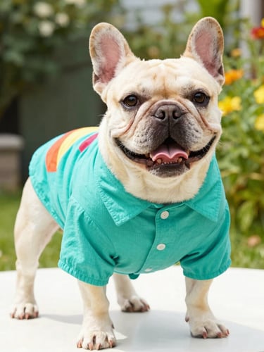 Bright cheerful portrait of a happy French bulldog wearing a colorful custom-tailored teal cotton shirt, outdoor garden setting, high-key natural daylight, eye-level 35mm
