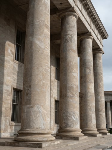 Monolithic limestone pillars of a government building, sharp shadows, overcast daylight, architectural scale.