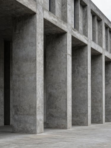 Wide architectural angle of brutalist concrete columns in deep shadow, dramatic overcast daylight, clean lines, minimal composition.