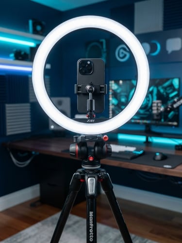 Professional home-studio setup with ring light and smartphone on a tripod, clean digital background, cool navy and cyber-cyan accents, sharp focus, 50mm