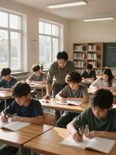Wide medium shot of an open classroom mid-lesson, students at wooden desks engaged with materials, a mentor leaning toward a learner in the foreground, warm natural daylight streaming through tall windows on the left, bookshelves visible along the back wall