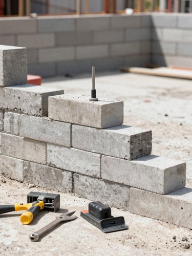 Crisp documentary photography, bright natural daylight, a clean and organized construction site in Brazil, precise bricklaying work, professional tools, 35mm