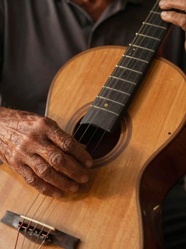 Close-up focado nas mãos calejadas de um músico tocando uma viola caipira de dez cordas, madeira rústica e desgastada pelo tempo, iluminação quente de pôr do sol vindo lateralmente.