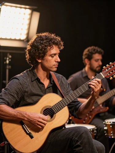 Paulo Cruz & Eduardo tocando no palco sob luzes quentes de refletores âmbar, a viola caipira de dez cordas em destaque em primeiro plano, poeira dourada flutuando no ar, fundo escuro com silhueta do público.