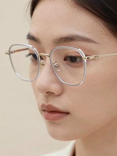 Close-up portrait of a person wearing elegant minimalist acetate glasses, soft natural daylight, neutral sand background, shallow depth of field, 35mm