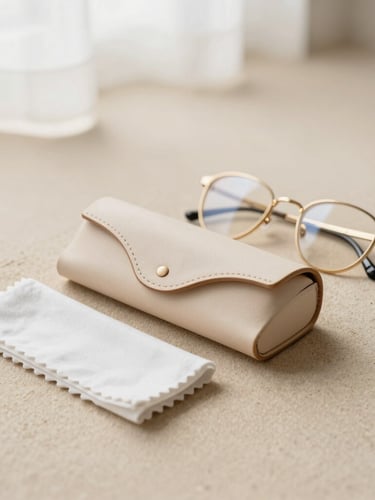 Minimalist flat-lay of a leather eyewear case, cleaning cloth, and golden optical frames on a soft beige sand surface, diffused natural window light, gentle shadows, shallow depth of field, 35mm