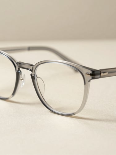 Close-up of hand-polished acetate glasses frame on a neutral cream background, soft natural daylight, minimalist editorial photography, shallow depth of field, 35mm