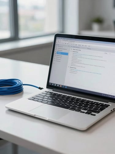A vertical portrait of a modern, organized tech workspace in Waterloo. A clean laptop showing network diagnostics sits beside a neatly coiled blue ethernet cable on a light grey desk, bright daylight.