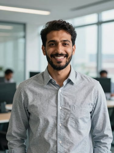 A professional, friendly eye-level portrait of Mohammed Zameel in a bright, modern tech office, warm natural daylight.
