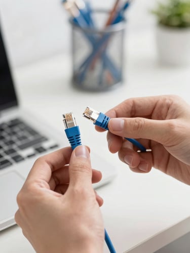 A close-up of hands organizing clean blue network cables in a bright Waterloo home office setup, sharp depth of field.