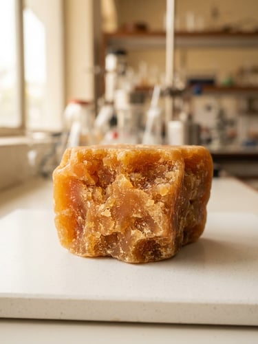 Macro shot of a pristine golden-amber jaggery block on a clean laboratory surface, warm natural light, shallow depth of field.