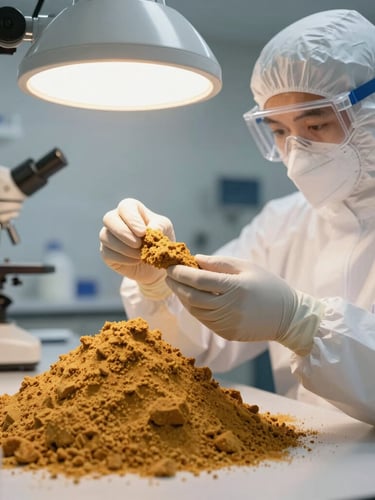A clean, modern laboratory technician in protective wear inspecting a sample of golden jaggery powder under precise, clean industrial lighting.