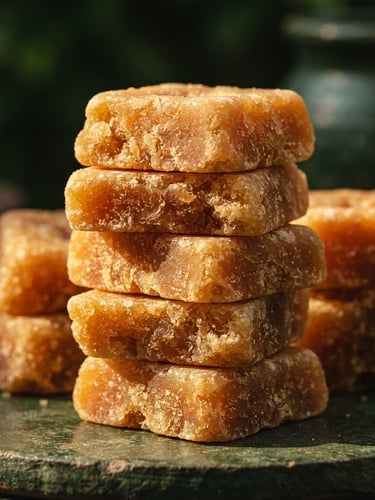 Macro shot of structured golden-amber jaggery blocks stacked neatly against a deep forest green textured background, warm sunlight highlighting the crystalline texture.