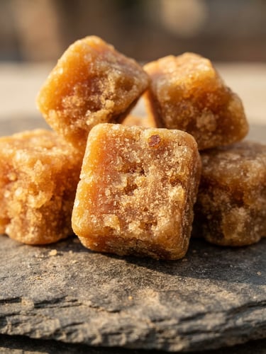 Macro photograph of textured, golden-amber jaggery cubes stacked on a clean stone surface under bright, warm natural sunlight, showing crystalline details.