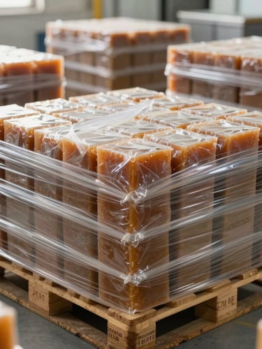Pristine stainless-steel manufacturing line with neatly stacked, shrink-wrapped export pallets of jaggery cartons ready for container loading, bright clean factory lighting