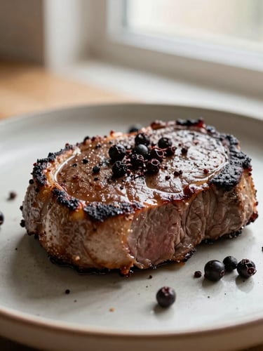 Eye-level close-up of a seared venison loin on a minimalist ceramic plate, garnished with crushed dark juniper berries, soft afternoon kitchen window light